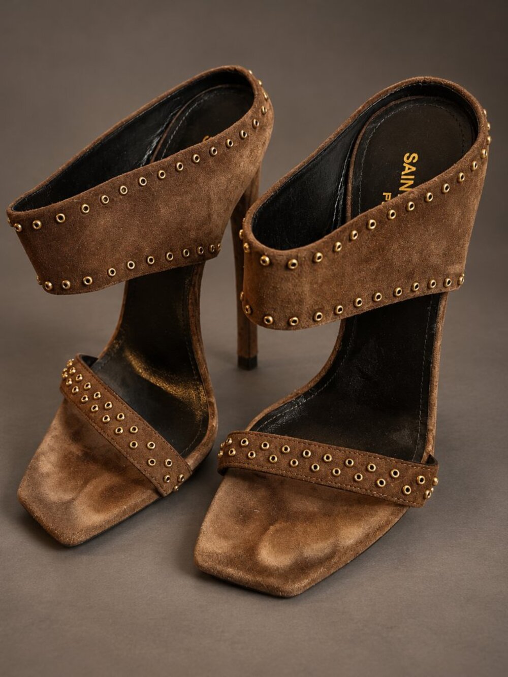 Saint Laurent Brown Suede Eyelet Mules Square Toe High Heel Slides 35